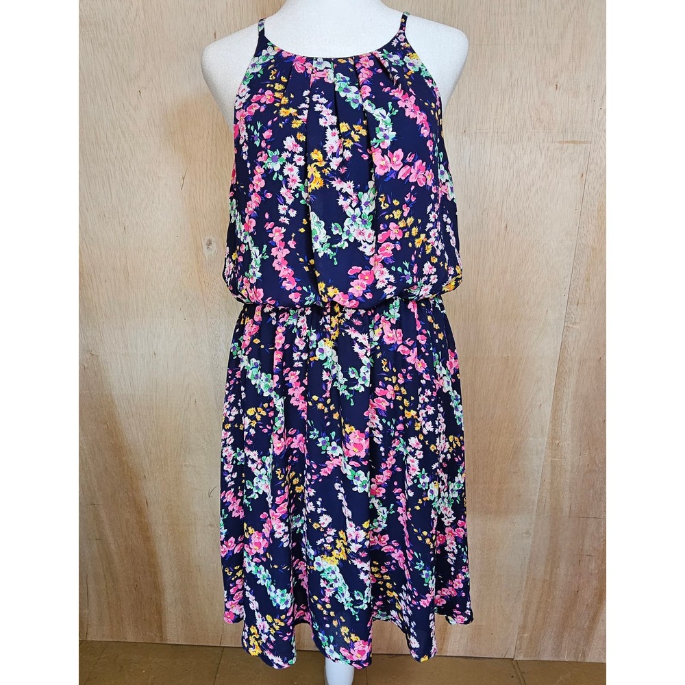 YA Los Angeles Blue Floral High Neck Blouson Dress‎ Size Large